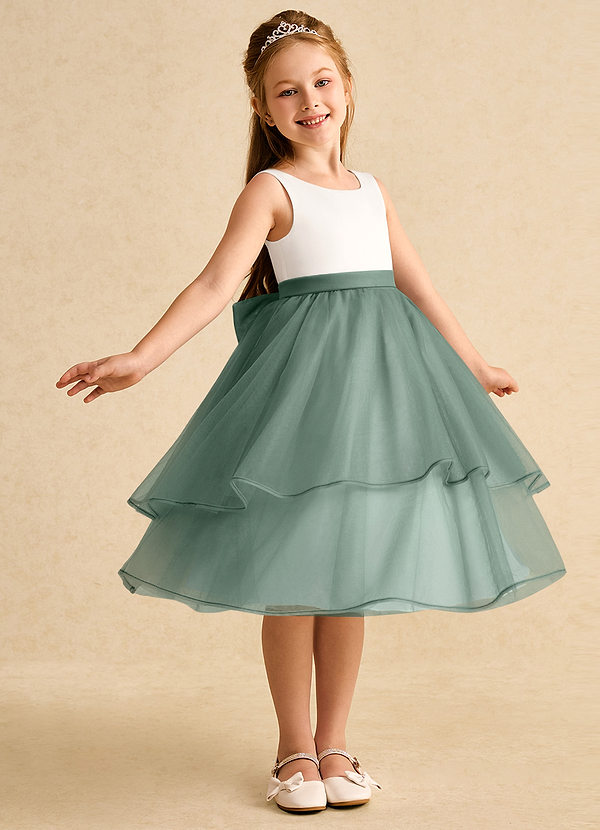Azazie Rene Vestidos de Niña de Flores Vestido de Marfil Eucalipto de Tul de Corte En A con Lazo image1