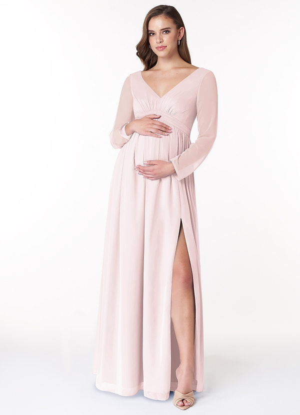Azazie Teton Maternity Bridesmaid Dresses A-Line Long Sleeve Chiffon Floor-Length Dress image1