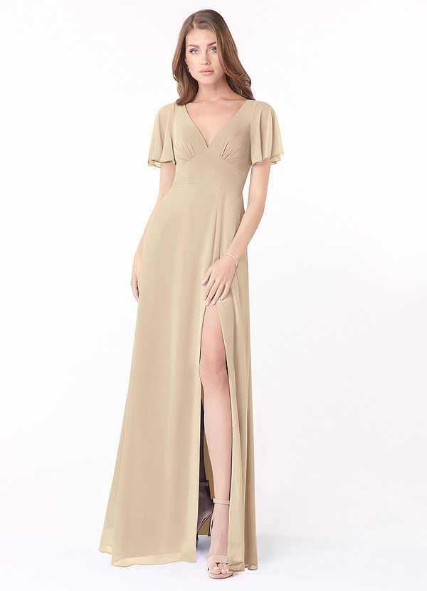 Azazie Kimber Bridesmaid Dresses Champagne A-Line Flounce Sleeve Chiffon Dress image1