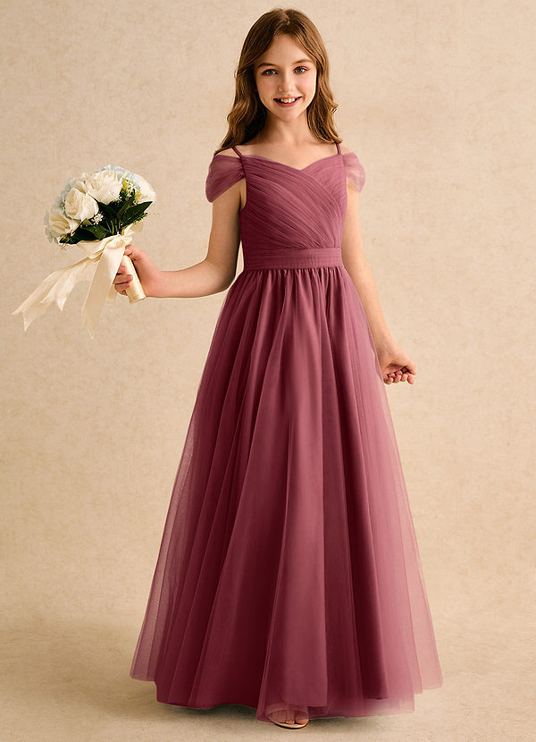 Azazie Yuna Girls Formal Flower Girl Dresses Merlot A-Line Off the Shoulder Tulle Dress image1