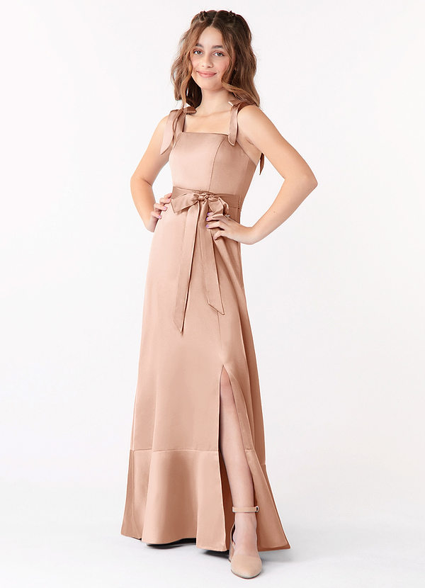 Azazie Barbara Junior Vestido de Oro Rosa de Satén Elástico de Corte En A con Lazo image1