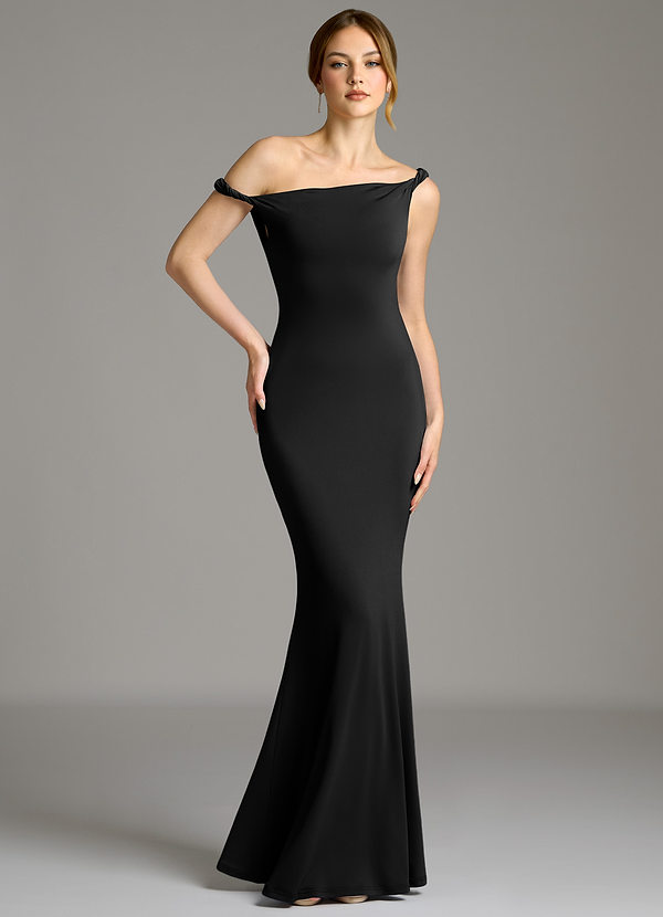 Azazie Shantal Bridesmaid Dresses Black Mermaid Off the Shoulder Premium Stretch Jersey Dress image1