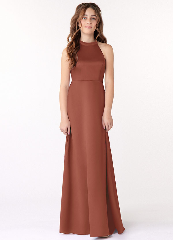 Azazie Laurel Junior Auburn A-Line Stretch Satin Dress image1