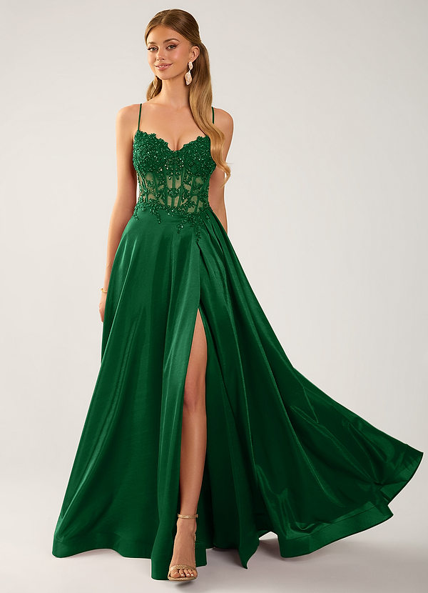 Isoldemark Verde Oscuro Vestido de fiesta de satén con bordado de lentejuelas y cuentas image1