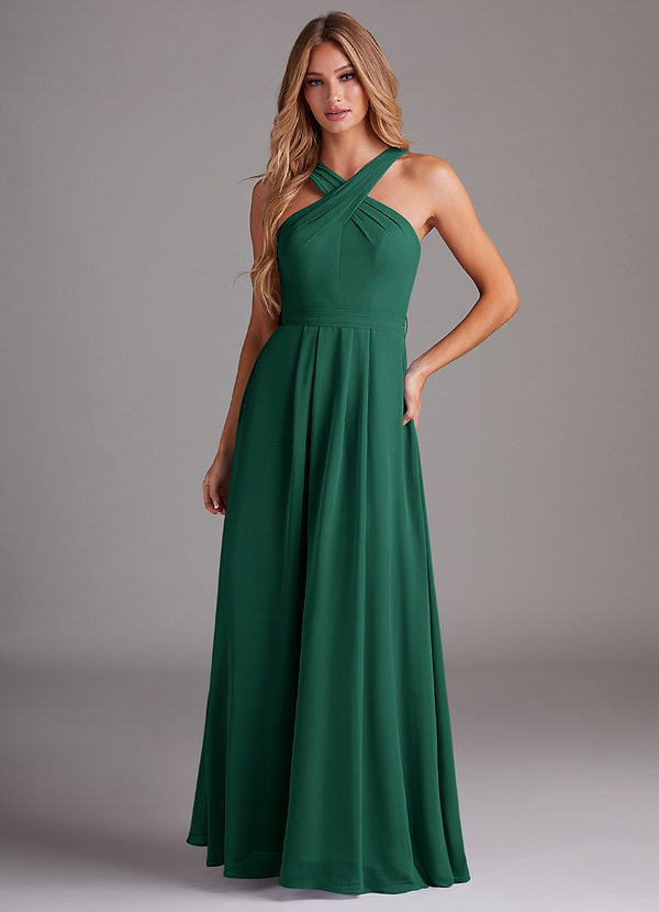 Azazie Dixie Bridesmaid Dresses Emerald A-Line Halter Pleated Chiffon Dress image1