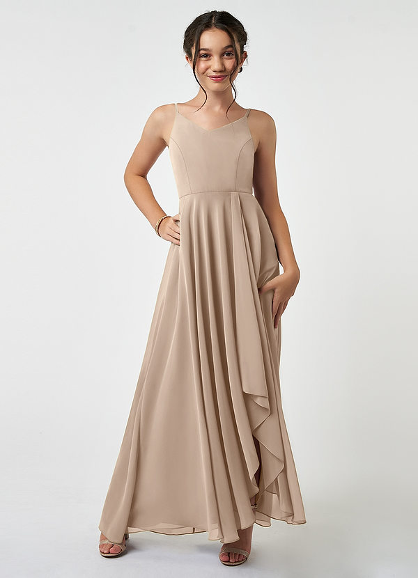 Azazie Collette Junior A-Linie Gestreift Chiffon Kleid Taupe image1