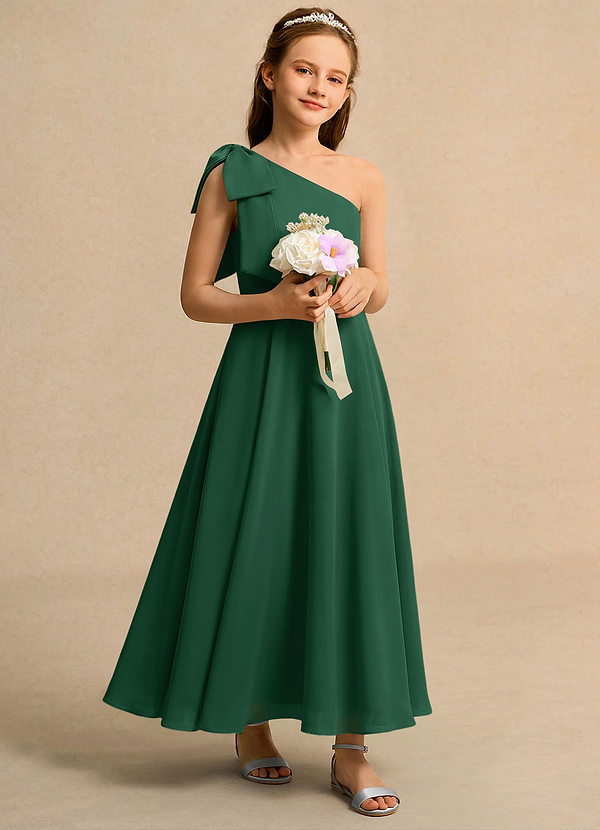 Azazie Guppy Girls Formal Flower Girl Dresses Dark Green A-Line One Shoulder Chiffon Dress image1