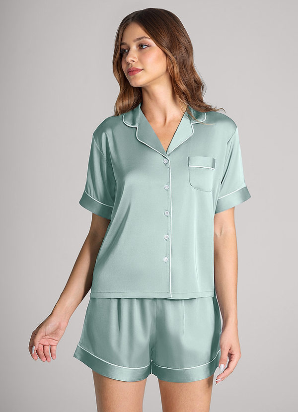 front Matchande färg Satin Contrast Piping Pyjamas Set