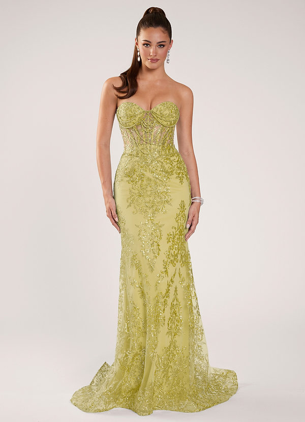 Zeoga Giallo Abito da ballo in rete con paillettes e perline image1