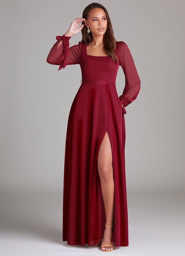 Azazie Leonia Bridesmaid Dresses Burgundy A-Line Long Sleeve Mesh Dress image1