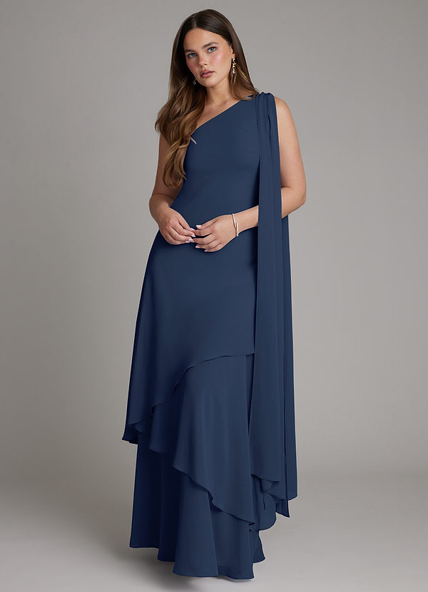 Azazie Monique Vestidos de dama de honor Vestido Azul Marino Oscuro de Gasa de Línea A con Un hombro image1