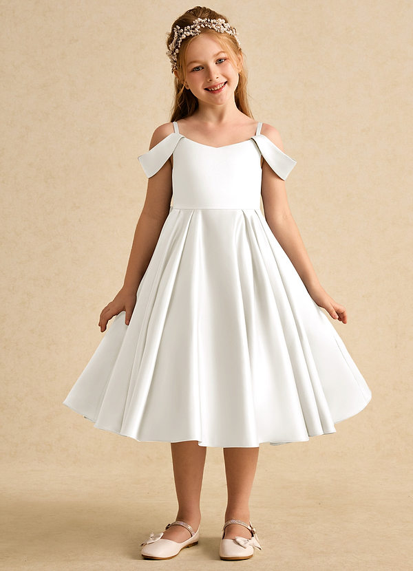Azazie Favia Flower Girl Dresses Ivory A-Line Off the Shoulder Matte Satin Dress image1