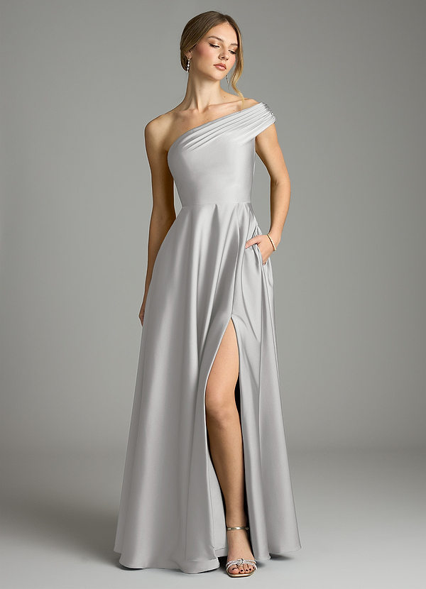Azazie Melanie 신부 들러리 드레스 A라인 오프 더 숄더 스트레치 새틴 바닥 길이 드레스 image1