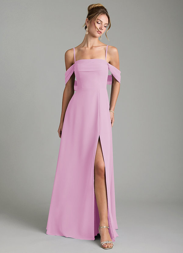 Azazie Mercedes Bridesmaid Dresses Candy Pink A-Line Off the Shoulder Chiffon Dress image1