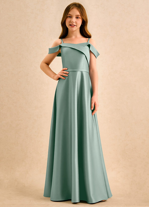 Azazie Jupie Girls Formal Robes de Fillette d'Honneur Robe Trapèze en Mat Satiné Plissée Sauge D'argent image1