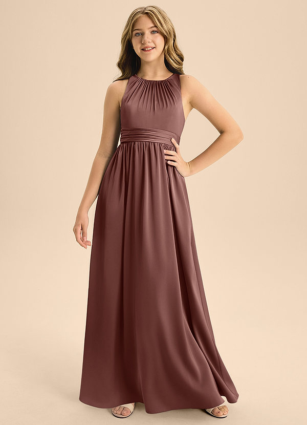 Azazie Jaylah Junior A-Linie Plissee Stretch-Satin Kleid Espresso image1