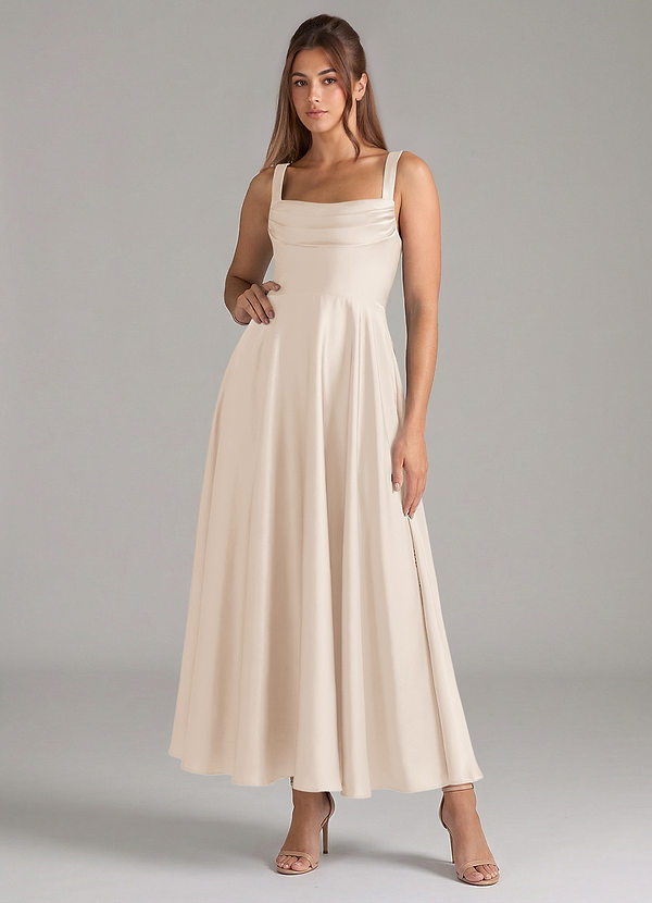 Azazie Shaude Bridesmaid Dresses White Alabaster A-Line Pleated Stretch Satin Dress image1