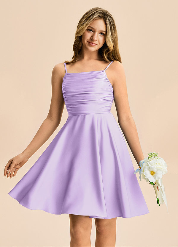Azazie Miko Junior Vestido de Lila de Satén Elástico de Corte en A con Plisado image1