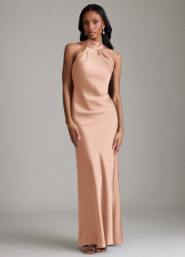 Azazie Cassiana Bruidsmeisjes Jurken Jurk van Stretch Satijn met Zeemeermin Geplooid Rosé Goud image1