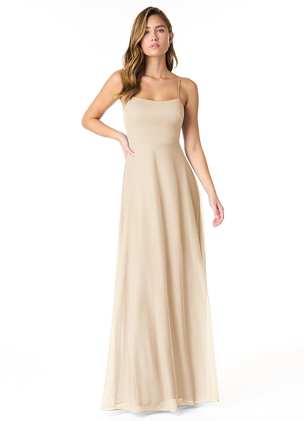 Azazie Rae Bridesmaid Dresses Champagne A-Line Bow Mesh Dress image1