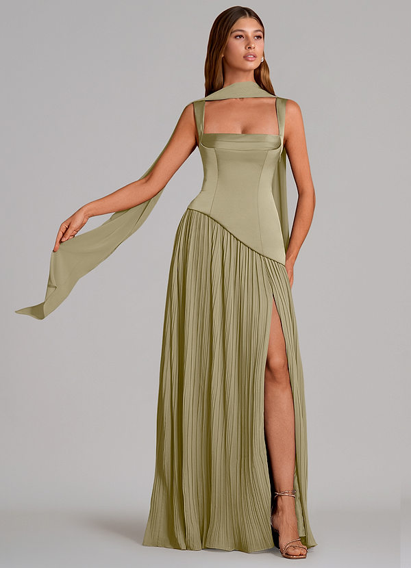 Azazie Stephanie Bridesmaid Dresses Moss Green A-Line Pleated Stretch Satin Dress image1