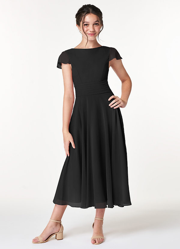Azazie Payton Junior Black A-Line Bow Chiffon Dress image1