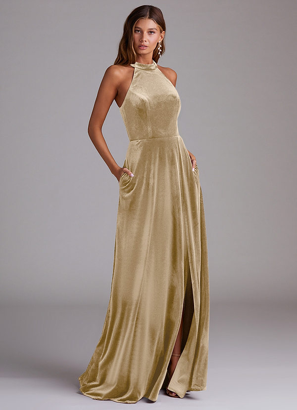 Azazie Larice Bridesmaid Dresses Golden Tan A-Line with Pockets Velvet Dress image1