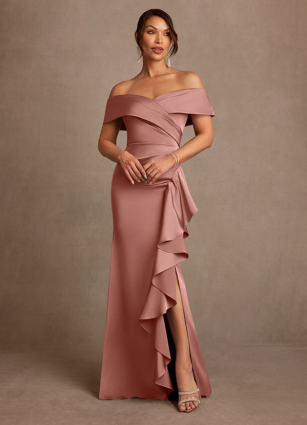 Azazie Kirsty Vestidos de Madre de la Novia Vestido de Rosetón de Satén Elástico de Corte Recto con Vestidos sin tirantes image1