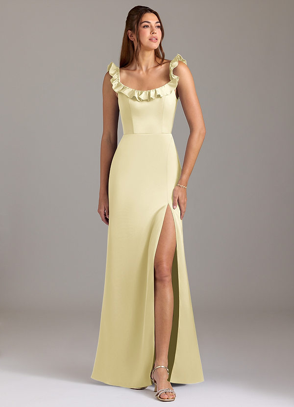 Azazie Callie Bridesmaid Dresses Lemon Sorbet A-Line Ruched Stretch Satin Convertible Dress image1