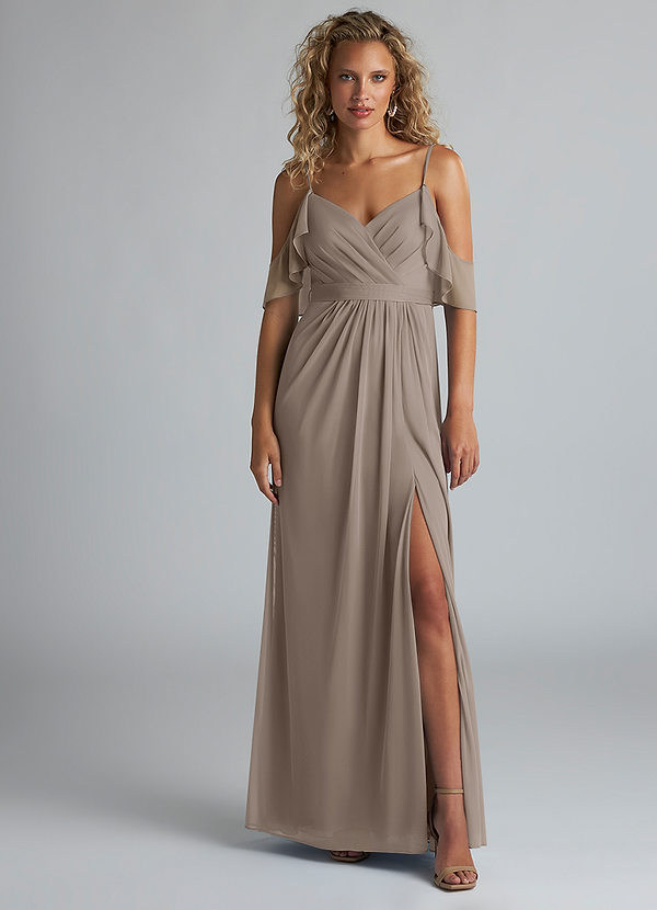 Azazie Fiena Bridesmaid Dresses Taupe A-Line V-neck Ruched Mesh Dress image1