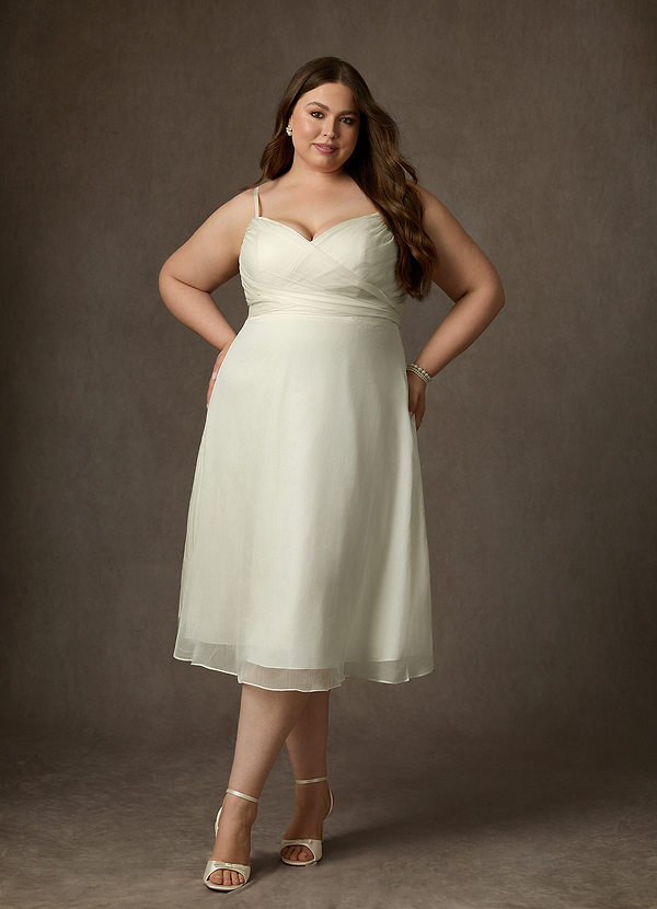 Azazie Kali Wedding Dresses A-Linie V-Hals Gefaltet Crinkle-Chiffon Kleid Creme image1