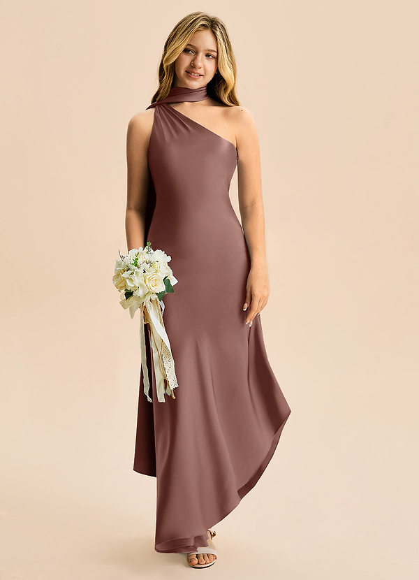 Azazie Briony Junior Espresso Sheath Pleated Stretch Satin Dress image1