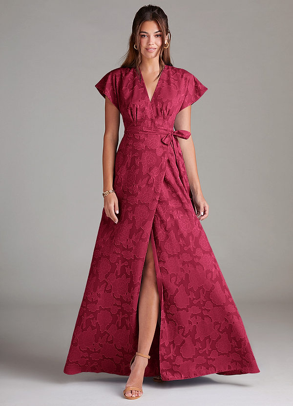 Azazie Ling Bridesmaid Dresses Burgundy A-Line Pleated Floral Burnout Dress image1