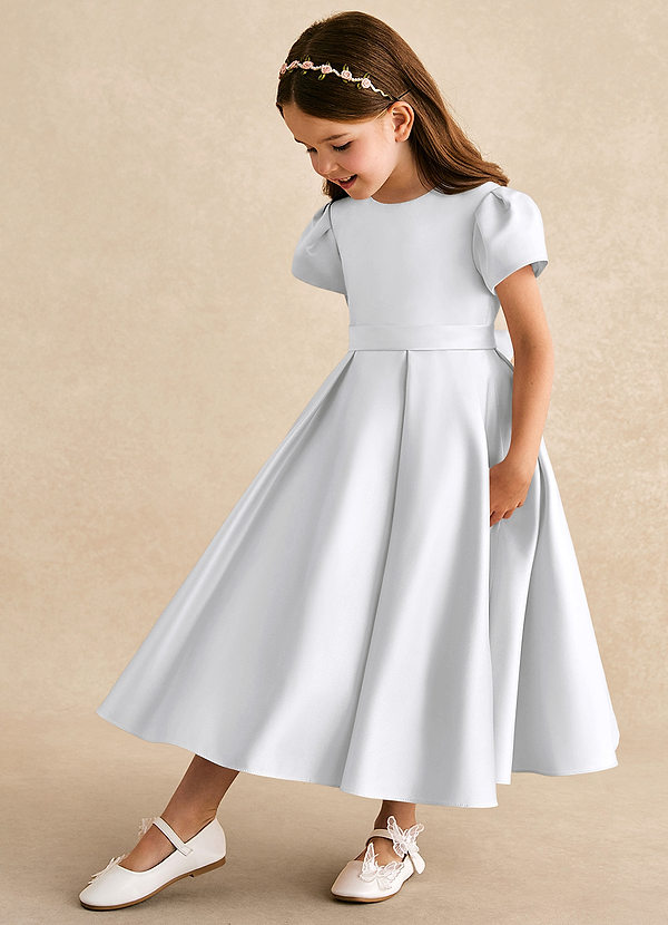 Azazie Princess Flower Girl Dresses White A-Line Pleated Matte Satin Dress image1