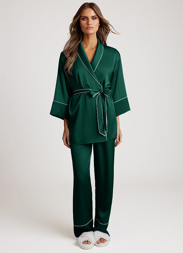 front Emerald Satin Trim Pajama Set