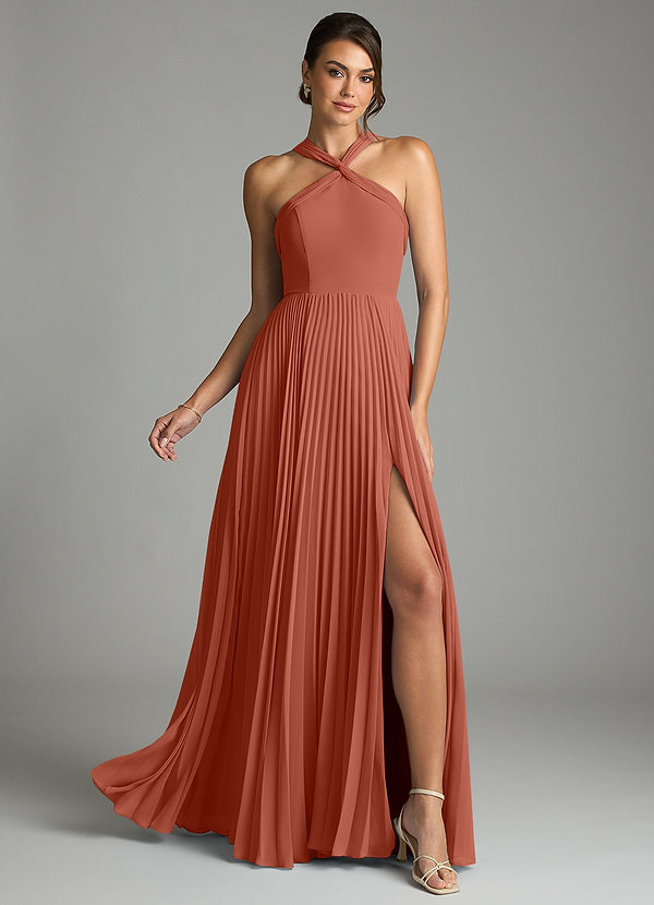 Azazie Afra Abiti da Damigella Abito A-Line in Chiffon Plissettato Argilla image1