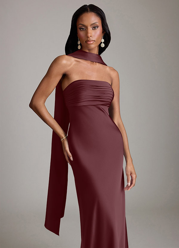 Azazie Saylor Bruidsmeisjes Jurken Jurk van Stretch Satijn met Zeemeermin Strapless Sangria image1