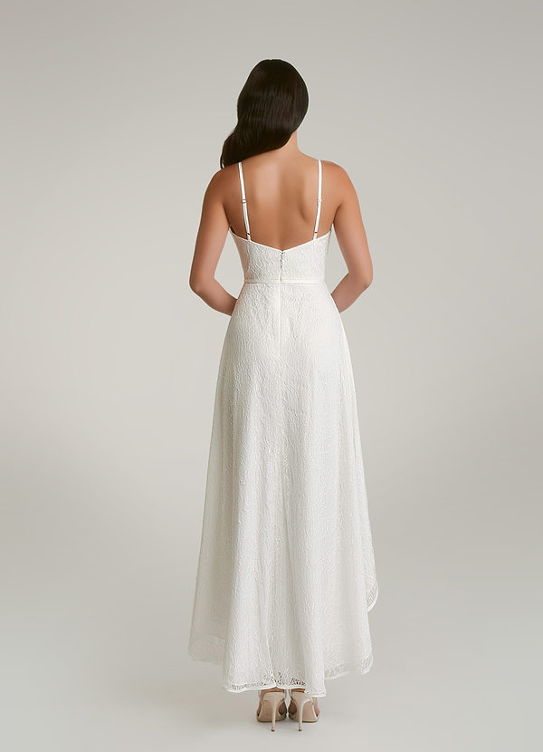 Azazie Emi Wedding Dresses A-Line Lace Matte Satin Asymmetrical Dress image2