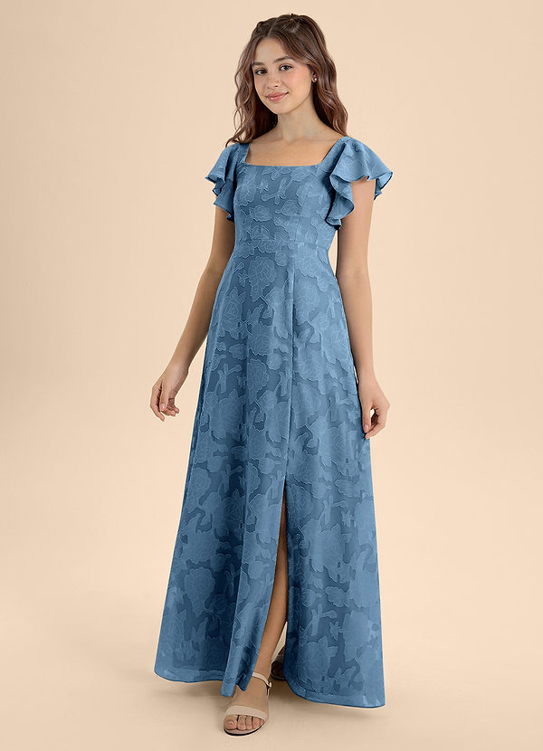 Azazie Bondi Junior Robe Trapèze en Blumen-Burnout Arc Acier Bleuté image1