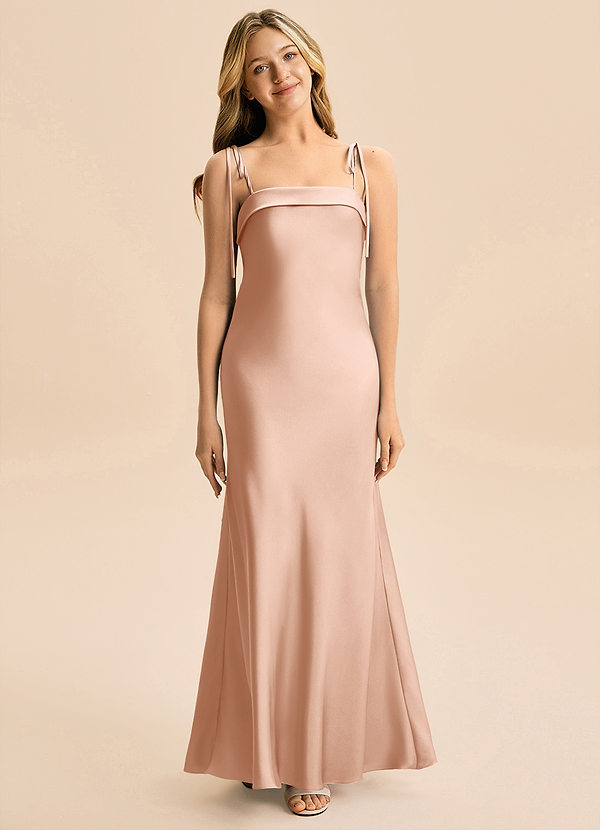 Azazie Willa Junior Vestido de Oro Rosa de Satén Elástico de Corte en A con Lazo image1