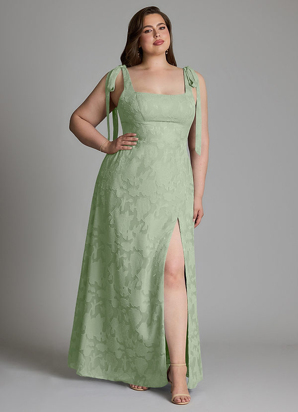 Azazie Debra Bridesmaid Dresses Dusty Sage A-Line with Pockets Floral Burnout Dress image1