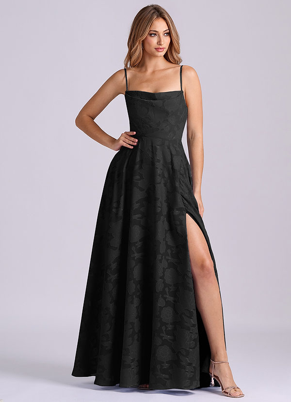 Azazie Elle 신부 들러리 드레스 A라인 주름진 플로럴 번아웃 바닥 길이 드레스 image1