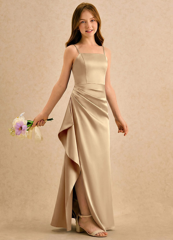 Azazie Cannoli Girls Formal Sukienki dla dziewczynek sypiących kwiaty Linia A Pofałdowany Satyna elastyczna Długość podłogi Sukienka image1