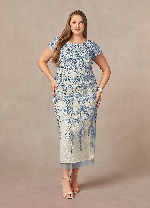 Azazie Alyssum Mother of the Bride Dresses Dusty Blue Sheath Scoop Lace Dress image1