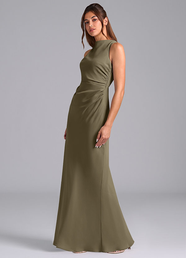 Azazie Evadne Bridesmaid Dresses Willow Green Sheath Pleated Chiffon Dress image1