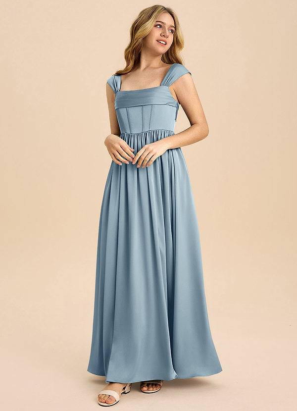 Azazie Hattie Junior Dusty Blue A-Line Pleated Stretch Satin Dress image1