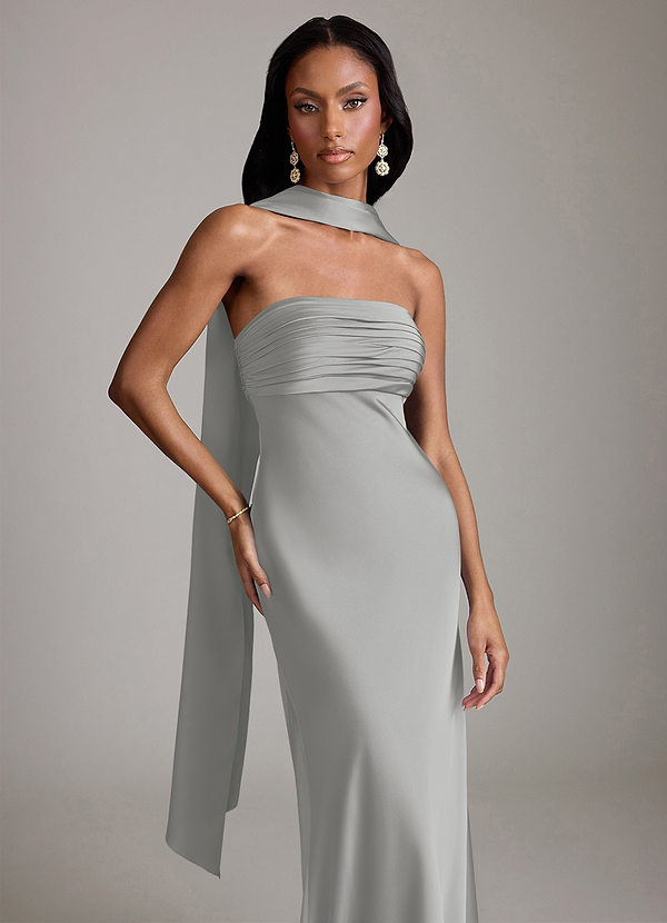 Azazie Saylor Vestidos Dama de Honor Vestido de Plata de Satén Elástico de Corte Sirena con Sin tirantes image1