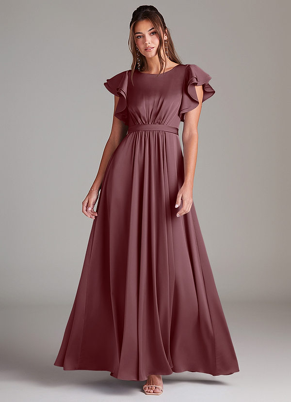 Azazie Daphne Modest Bridesmaid Dresses A-Line Ruched Stretch Satin Floor-Length Dress image1