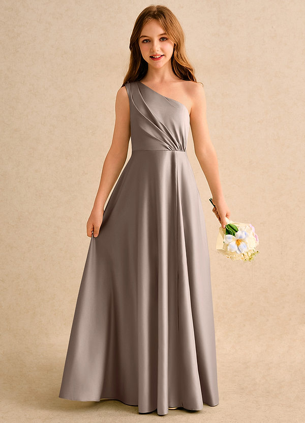 Azazie Puddles Girls Formal Bloemenmeisjes Jurken A-Lijn Jurk van Mat Satijn One-Shoulder Taupe image1