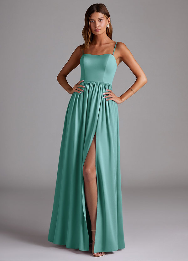 Azazie Calianna Brautjungfernkleider Wandelbar A-Linie Schulterfrei Stretch-Satin Kleid Aqua image1